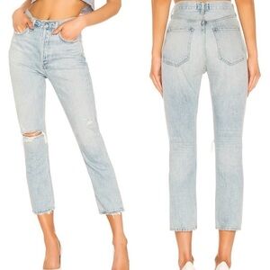 AGOLDE Riley High Rise Straight Crop Jeans in Shatter Light Wash Distressed 25